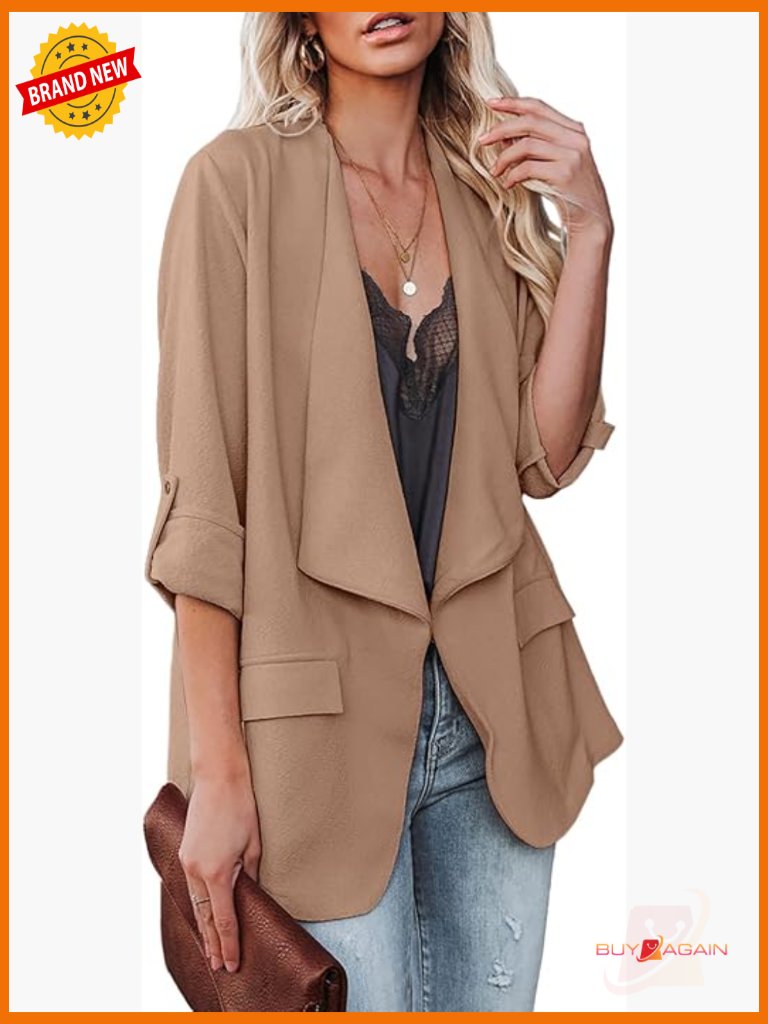Casual Blazer Jacket With Rolled Sleeves Open Front For Work Office Business